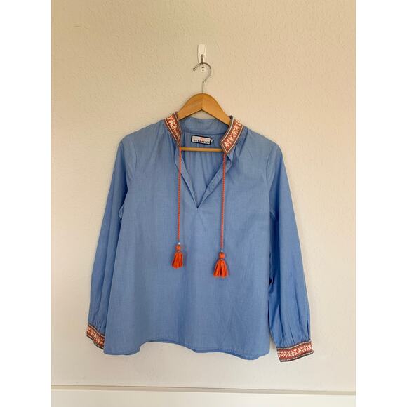 CK Bradley Norway Blouse Chambray Tassel Embroidered Collar Medium - Picture 2 of 8